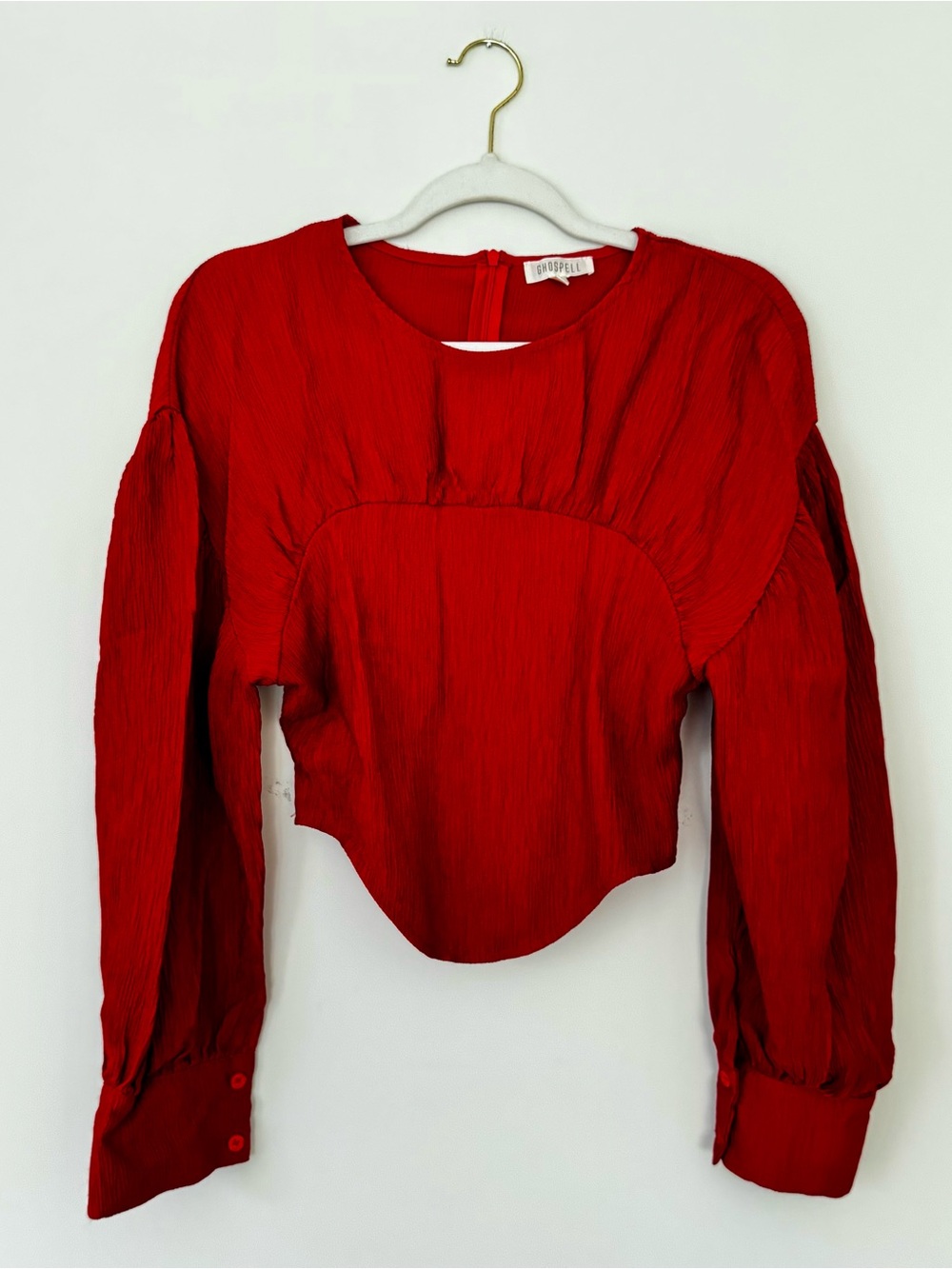 ASOS Ghospell Crinkle Corset Style Cropped Balloon Sleeve Blouse, Red – Medium